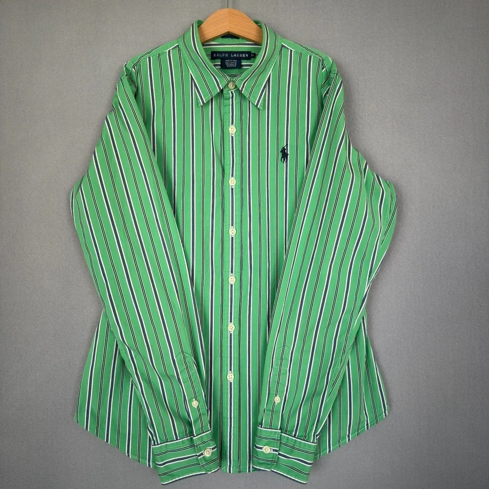 Ralph Lauren Boys 10 Slim Fit Green Striped Button Down‎ Long Sleeve Shirt